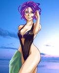  bad_id bad_pixiv_id blue_eyes breasts cleavage medium_breasts miang_hawwa noche_chunzi o-ring one-piece_swimsuit purple_hair short_hair sketch solo swimsuit towel wet xenogears 