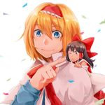  akatsuki_hiro alice_margatroid bad_id bad_pixiv_id blonde_hair blue_eyes bow detached_sleeves hair_bow hairband hakurei_reimu multiple_girls short_hair touhou 