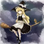  af-henrytz apron black_dress blonde_hair bow braid broom broom_riding dress flying hat hat_bow kirisame_marisa lamp long_hair looking_at_viewer puffy_sleeves short_sleeves sidesaddle solo touhou very_long_hair waist_apron white_bow witch witch_hat yellow_eyes 