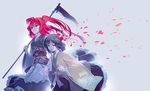  alternate_weapon flower hair_flower hair_ornament hieda_no_akyuu holding_hands japanese_clothes long_hair looking_at_viewer multiple_girls onozuka_komachi red_eyes red_hair scythe short_hair touhou two_side_up weapon zounose 