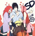  3boys black_gloves black_hair blonde_hair forehead_protector gloves haruno_sakura heart hoozuki_suigetsu irritated karin_(naruto) lipstick_mark long_hair multiple_boys multiple_girls naruto naruto_(series) naruto_shippuuden oba-min pink_hair red_hair short_hair spiked_hair uchiha_sasuke uzumaki_naruto white_hair wristband 