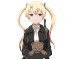  1girl blonde_hair blue_eyes bust coat female gun gunslinger_girl hair_ornament hair_ribbon light_smile long_hair looking_at_viewer ribbon simple_background solo stuffed_animal stuffed_toy teddy_bear triela twintails upper_body weapon white_background wk_(low-f) 