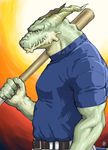  baseball_bat belt biceps clothing crocodile dn dragon male muscles pecs reptile scalie shirt smile solo yellow_eye yellow_eyes 