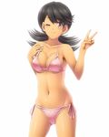  bikini black_hair breasts brown_eyes hamaguchi_momoe komimiyako komitsu large_breasts long_hair navel pink_bikini smile solo spiked_hair swimsuit tan underboob v wink yu-gi-oh! yuu-gi-ou_gx 