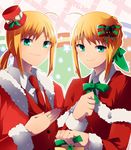  ahoge artoria_pendragon_(all) bad_id bad_pixiv_id blonde_hair capelet christmas dual_persona fate/extra fate/stay_night fate/zero fate_(series) formal green_eyes hair_ribbon hat long_hair mini_hat mini_top_hat mmm_ss multiple_girls necktie nero_claudius_(fate) nero_claudius_(fate)_(all) ponytail ribbon saber suit top_hat 