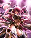  akatsuki_akane black_panties blue_eyes breasts character_name detached_sleeves garter_straps highres holographic_interface large_breasts long_hair md5_mismatch megurine_luka navel open_mouth panties pink_hair smile solo speaker underwear vocaloid 