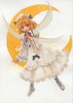  blonde_hair crescent_moon dress drill_hair hat luna_child misawa_hiroshi moon open_mouth red_eyes short_hair solo touhou traditional_media watercolor_(medium) wings 