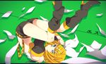  blonde_hair blue_eyes boots detached_sleeves hair_ornament hairclip haru_(oomr005) highres kagamine_rin knee_boots midriff navel paper short_hair solo vocaloid 