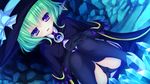  :d black_gloves black_legwear black_panties bow cape crescent crystal dutch_angle game_cg gem gloves green_hair hat hat_bow hat_ribbon highres jewelry justy_x_nasty kagami_hibiki mikagami_mamizu open_mouth panties pantyshot pendant pentagram purple_eyes ribbon short_hair smile solo thighhighs underwear upskirt witch_hat 