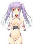  1girl :o android artist_request bare_shoulders blush breasts character_request highres lavender_hair long_hair looking_at_viewer navel open_mouth parts_exposed red_eyes simple_backgorund simple_background solo standing sweatdrop twintails wet white_background 