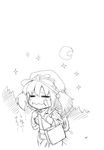  :t =_= bag crescent crying eating goggles greyscale hair_bobbles hair_ornament hat highres kawashiro_nitori monochrome moon morino_hon night sketch solo star tears touhou translated two_side_up 