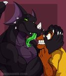  anthro biceps big_muscles black_body black_dragon black_scales black_skin claws clothing croc_(crocdragon89) crocdragon89 dragon fangs forced forked_tongue gay green_tongue holding horn long_tongue male muscles reptile saliva scalie shirt shocked sweat tongue zeke_(crocdragon89) 