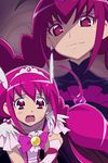  bad_end_happy bad_end_precure black_bodysuit bodysuit bow choker cure_happy earrings frills head_wings hoshizora_miyuki jewelry long_hair magical_girl multiple_girls open_mouth pink pink_bow pink_eyes pink_hair precure projected_inset smile_precure! sweatdrop tiara tonbi twintails wrist_cuffs 