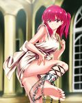  ankle_cuffs anklet barefoot blush breasts chain cuffs feet fingernails highres infinote jewelry leg_up magi_the_labyrinth_of_magic morgiana one_side_up pink_eyes pink_hair robe short_hair sideboob small_breasts soles solo standing standing_on_one_leg thighs 