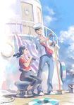  1girl anchor binoculars blue_eyes broom highres original pomodorosa sailor sitting standing 