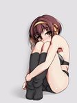  bare_legs bare_shoulders black_bra black_legwear black_panties bra brown_eyes brown_hair grey_background haruhisky knees_on_chest knees_up leg_hug looking_at_viewer panties simple_background solo suzumiya_haruhi suzumiya_haruhi_no_yuuutsu thighs underwear underwear_only 