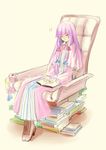  ayahono book boots capelet cloak closed_eyes dress full_body hair_ribbon hat hat_removed headwear_removed long_hair open_book patchouli_knowledge purple_hair ribbon sitting sleeping striped striped_dress touhou tress_ribbon vertical_stripes 