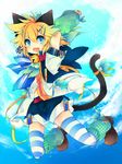  animal_ears bad_id bad_pixiv_id bell bell_collar blonde_hair blue_eyes cat_ears cat_tail collar fang full_body hair_ornament hairclip highres kagamine_len leeannpippisum male_focus shorts smile striped striped_legwear tail thighhighs vocaloid 