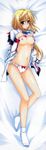  1girl absurdres aoi_hiro blonde_hair blush bottomless bra bra_lift breasts charlotte_dunois dakimakura highres infinite_stratos jewelry legs long_legs navel necklace nipples open_clothes open_shirt panties pink_panties purple_eyes scan shirt shirt_lift solo underwear 