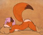  bed brandi canine female fox hair ibengmainee looking_at_viewer mammal nude pink_hair raised_tail solo 