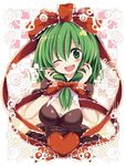 ;d adapted_costume blush bow breasts cleavage frame front_ponytail green_eyes green_hair hair_bow hair_ribbon heart highres kagiyama_hina large_breasts long_hair looking_at_viewer maturiuta_sorato one_eye_closed open_mouth ribbon smile solo touhou upper_body 