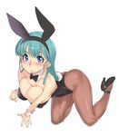  animal_ears aqua_hair blue_eyes breasts bulma bunny_ears cleavage dragon_ball dragon_ball_(classic) large_breasts leotard long_hair looking_at_viewer oohara_kyuutarou pantyhose simple_background smile solo thong_leotard white_background wrist_cuffs 