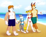  anthro beach big_breasts bikini black_nose blonde_hair breasts buttons buttons_(animaniacs) canine cat clothed clothing dog eyewear feline female guimontag hair half-dressed hand_holding interspecies long_hair male mammal minerva minerva_mink mink muscles mustelid navel outside pecs rita rita_(animaniacs) runt sailboat sand sea seaside shorts skimpy sky sunglasses swimsuit tight_clothing warner_brothers water 