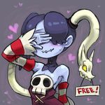  bad_id bad_pixiv_id bare_shoulders blue_hair blue_skin blush breasts covering_eyes detached_collar detached_sleeves english hair_over_one_eye kimura_senri leviathan_(skullgirls) long_hair official_style side_ponytail sign skull skullgirls small_breasts smile solo squigly_(skullgirls) stitched_mouth stitches striped_sleeves zombie 