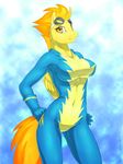 anthro anthrofied blonde_hair clothed clothing equine equus eyewear feathers female friendship_is_magic gloves goggles hair horse long_hair looking_at_viewer mammal my_little_pony pegasus pony smile solo spandex spitfire_(mlp) tight_clothing wings wonderbolts_(mlp) yellow_skin 