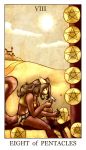  anthro bench black_hair breasts brown_fur building card cat chisel cleavage clothed clothing cloud eight_of_pentacles_(tarot) feline female feralise fur hair hammer mammal minor_arcana outside pentacle ronya solo sun tarot_card tools white_fur 