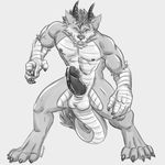  aggrobadger anthro balls canine claws digitigrade dragon dripping erection hindpaw horn humanoid_penis hybrid looking_at_viewer male mammal muscles nude paws penis plain_background precum solo standing toes vein veiny white_background wolf 