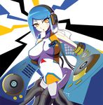  album_cover blue_hair bob_cut breasts cable cover headphones large_breasts mitsumi_(fuha-2) mixing_table no_legs original short_hair solo yellow_eyes 