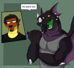  anthro biceps big_muscles black_body black_dragon black_scales claws clothing croc_(crocdragon89) crocdragon89 dragon duo english_text fangs green_eyes green_tongue horn male muscles not_impressed open_mouth pecs reptile scalie shirt text tongue unimpressed wings zeke_(crocdragon89) 