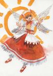  blue_eyes blush mary_janes misawa_hiroshi open_mouth orange_hair shoes short_hair skirt smile solo sun sunny_milk touhou traditional_media twintails watercolor_(medium) wings 
