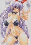  animal_ears bikini black_bikini blush bow breasts bunny_ears cleavage collarbone curvy extra_ears finger_gun hand_on_thigh highleg highleg_bikini highleg_swimsuit large_breasts long_hair navel open_mouth outstretched_arm purple_hair red_eyes reisen_udongein_inaba simple_background smile solo swimsuit thighhighs touhou twintails uneven_eyes very_long_hair white_background white_legwear yutakasan-love 