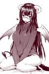  ashemu beatmania beatmania_iidx between_legs blush bottomless breasts condom condom_in_mouth covering covering_crotch demon_tail demon_wings glasses hand_between_legs heart highres horns large_breasts long_hair monochrome mouth_hold mutsutake naked_sweater panties panties_around_one_leg ribbed_sweater sitting smile solo spoken_heart sweater tail turtleneck underwear v_arms very_long_hair wariza wings 