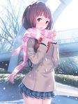  :o banned_artist blush box bride brown_eyes brown_hair coat gift gift_box ilog long_hair looking_at_viewer mana_kakkowarai original pink_scarf plaid plaid_skirt scarf skirt snow solo striped striped_scarf 