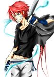  assan_(mirage_noir) blue_eyes jacket katana long_hair male male_focus mirage_noir red_hair smile smirk sword weapon wind 