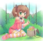  :d bad_id bad_pixiv_id bare_shoulders belt blush brown_hair demon_tail demon_wings detached_sleeves final_fantasy final_fantasy_xiv flower green_eyes hair_ribbon index_finger_raised lalafell mary_janes miniskirt mizuno_mumomo nature open_mouth pointy_ears ribbon shoes short_hair sitting skirt smile solo striped striped_legwear tail thighhighs twintails wariza wings zettai_ryouiki 