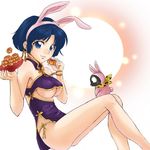  1girl animal_ears blue_eyes blue_hair breasts bunny_ears china_dress chinese_clothes dress earrings food hibiki_ryouga jewelry large_breasts ranma_1/2 short_hair tendou_akane tenjoutsuki underboob 