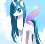  artricahearts blue_hair cloud crown cutie_mark equine female feral flutterpony friendship_is_magic hair horn horse jiayi mammal my_little_pony pony pure queen_chrysalis_(mlp) simple_background sky smile solo wings 