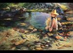  bad_id bad_pixiv_id barefoot blonde_hair bovod grass hat holding_own_foot knees_up letterboxed long_sleeves moriya_suwako oil_painting_(medium) pond rock short_hair sitting soaking_feet solo touhou traditional_media vest water yellow_eyes 