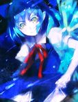  blue blue_eyes blue_hair cirno eyelashes pointy_ears ribbon short_hair slit_pupils solo touhou vipkakimau 