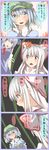  4koma :d bad_id bad_pixiv_id bamboo bamboo_forest blush comic expressive_clothes flat_cap forest from_side fujiwara_no_mokou hat highres kamishirasawa_keine kawashiro_nitori long_hair multiple_girls nature open_mouth profile ribbon shuga_(soranote) sidelocks silver_hair smile talking text_focus touhou translated upper_body very_long_hair 