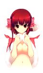  absurdres amane_(dream_c_club) areolae bow breasts cleavage dream_c_club dream_c_club_(series) hair_bow highres long_hair medium_breasts navel red_eyes red_hair scan shirahane_nao smile solo upper_body 