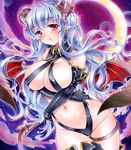  artist_name at_classics blue_hair breast_hold breasts crossed_arms demon_girl demon_tail demon_wings earrings elbow_gloves gloves jewelry large_breasts long_hair marker_(medium) original pink_eyes pointy_ears sample solo tail traditional_media wings 