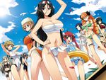  6+girls angry antenna_hair armpits arms_up bare_shoulders bikini black_eyes black_hair blonde_hair blue_eyes blue_hair breasts cleavage clenched_teeth cloud clouds crossed_arms drill_hair elbow_gloves everyone eyes_closed flat_chest fundoshi glasses gloves green_eyes green_hair grey_hair hair_ornament hand_on_hips happy highres innertube large_breasts long_hair looking_at_viewer multiple_girls navel open_mouth orange_hair petals ponytail red_eyes red_hair saipaco sarashi sky smile standing sun sunlight swimsuit teeth twintails very_long_hair 