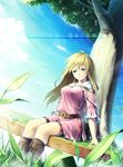  armais_(me-chan337) bangs belt blonde_hair blue_eyes blunt_bangs blush boots cross-laced_footwear day dress english grass highres knee_boots lace-up_boots long_hair open_mouth original outdoors sitting smile socks solo tree twintails 