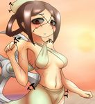  beach black_hair blush breasts brown_hair bun_cover criss-cross_halter dsk grey_sclera hair_bun halter_top halterneck highres nail navel ocean painwheel_(skullgirls) red_eyes sarong skullgirls solo stitches weapon 