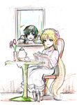 1girl book chair colored_pencil_(medium) cup flower gosick kujou_kazuya looking_at_viewer open_book sitting sketch smile t00ku_(higher0617) table teacup teapot traditional_media vase victorica_de_blois window 